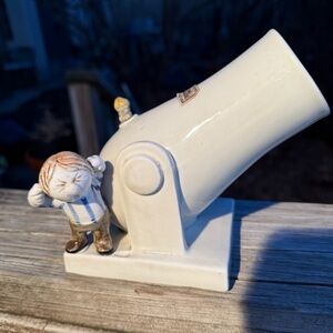 Fitz And Floyd Ceramic Matchstick Or Pen Holder Fireplace Boy Cannon 1977 Japan